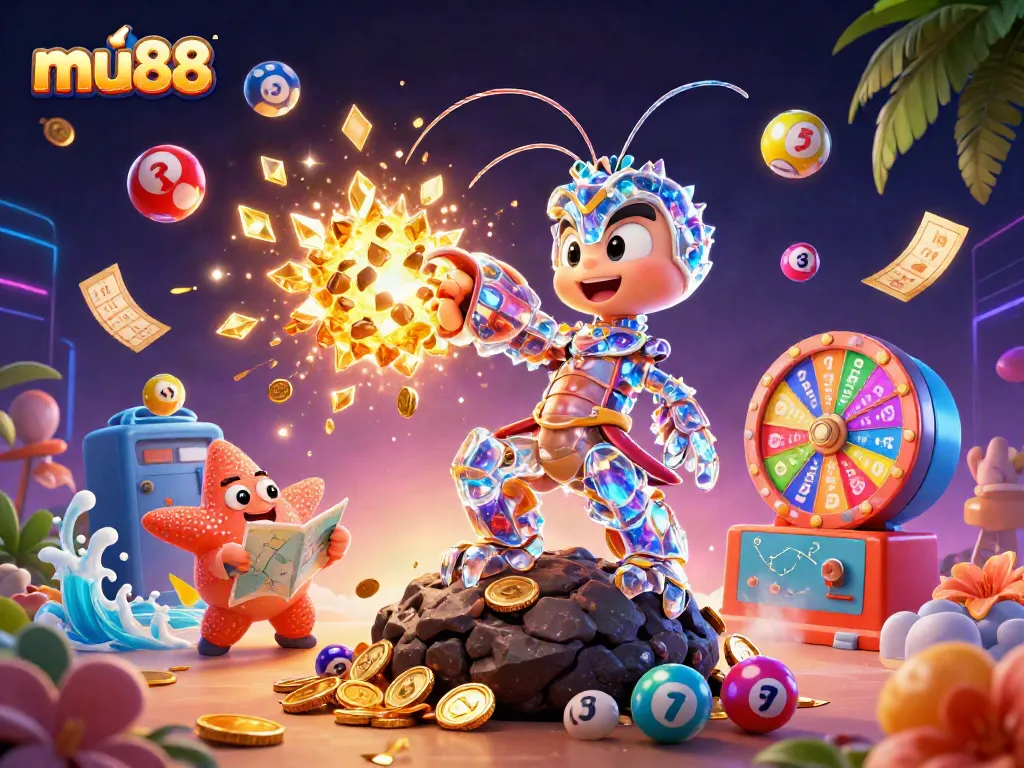 Spin the jackpot with mu88 as colorful lottery balls fly in a vibrant casino scene.