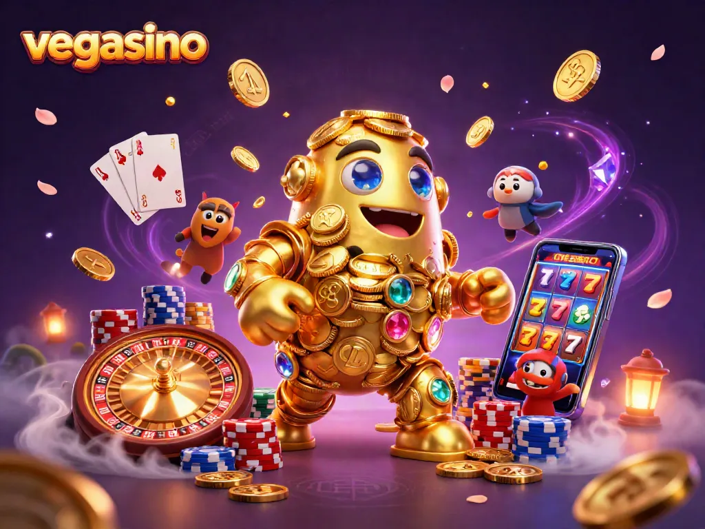 Experience Vegasino with a golden golem, coins, and vibrant casino elements frolicking around.