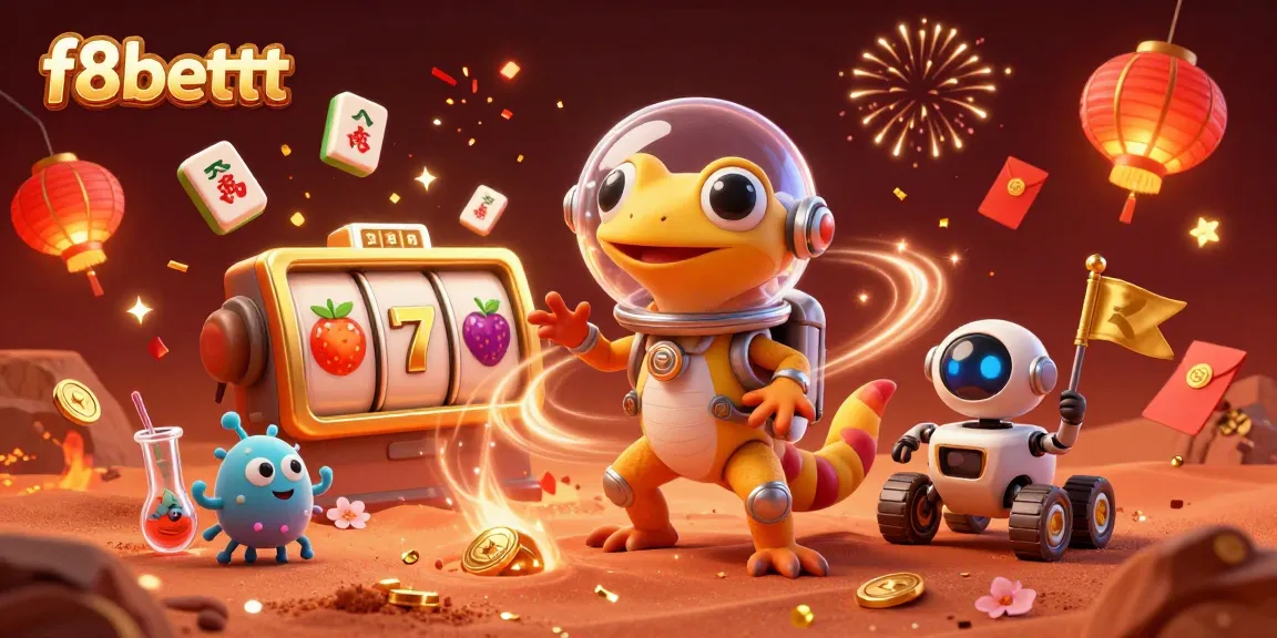 Join the fun at f8bettt with a Martian gecko in a golden casino surrounded by vivid slot elements.
