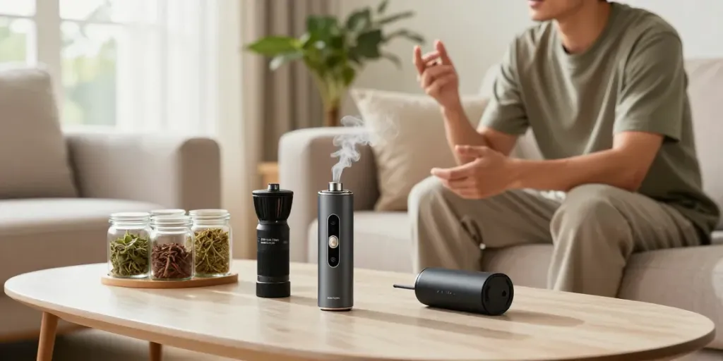 Enjoying the mighty plus vaporizer in a cozy living room.