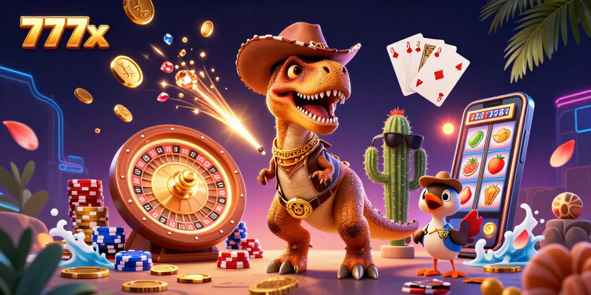 Enjoy engaging casino play with the lively 777x T-Rex and friends illustrated in vibrant 3D style.