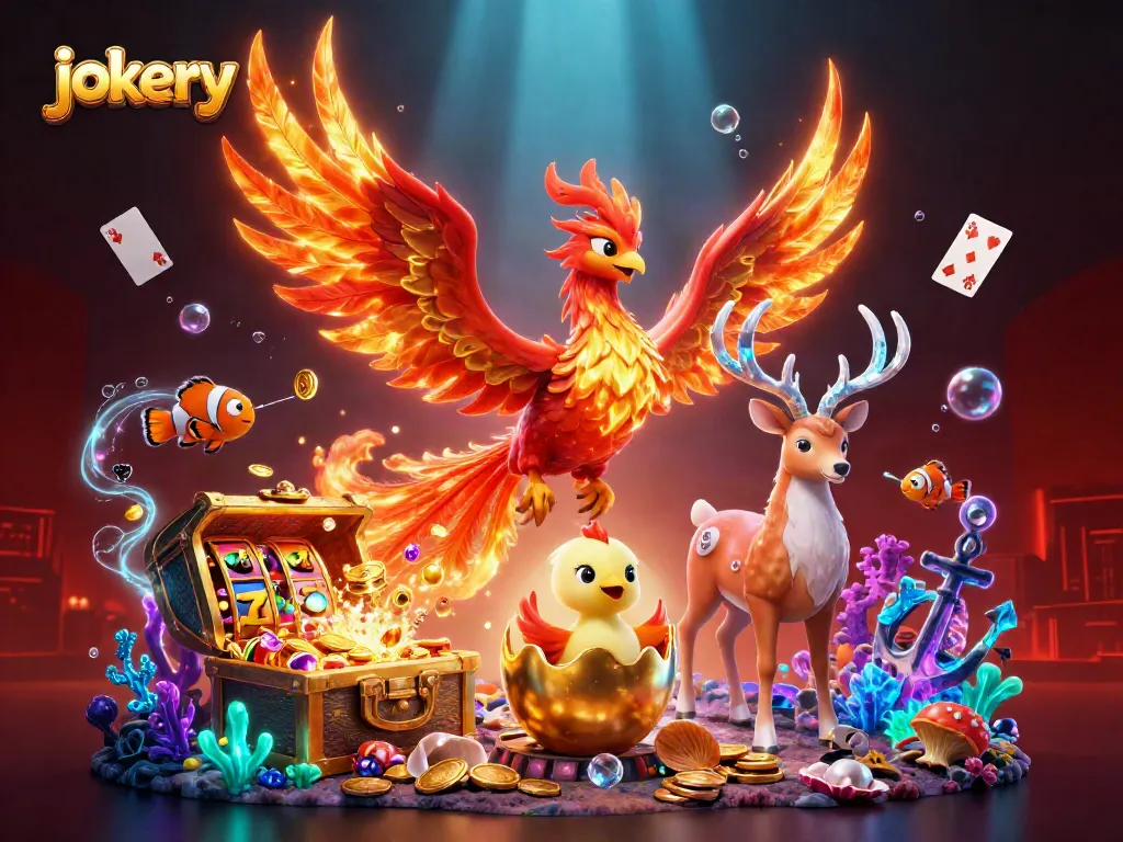 Play and win with jokery in a vibrant casino-themed fantasy illustration showing dynamic gaming action.