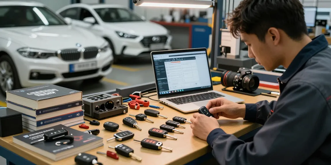 Schlüssel für Auto auf einem Reparaturtisch mit Schlüsselanhängern und Werkzeugen.