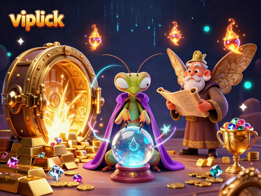 Experience the thrill of vipluck casino with a dynamic 3D illustration showcasing fortune tellers and treasures.