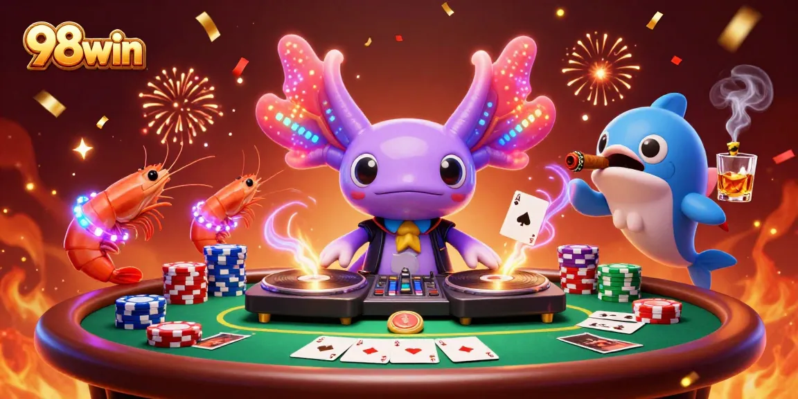 Experience the vibrant energy of 98win casino through a dynamic 3D illustration with lively characters.