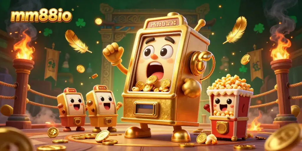 Experience a jackpot moment with the mm88io slot machine illustration, featuring dynamic gambling elements and lively characters.
