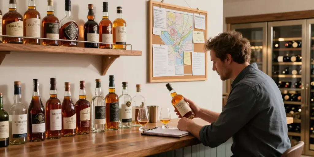 Ein stilvoller Barbereich mit Spirituosensammlung und einem Experten beim Bewerten eines Rums.