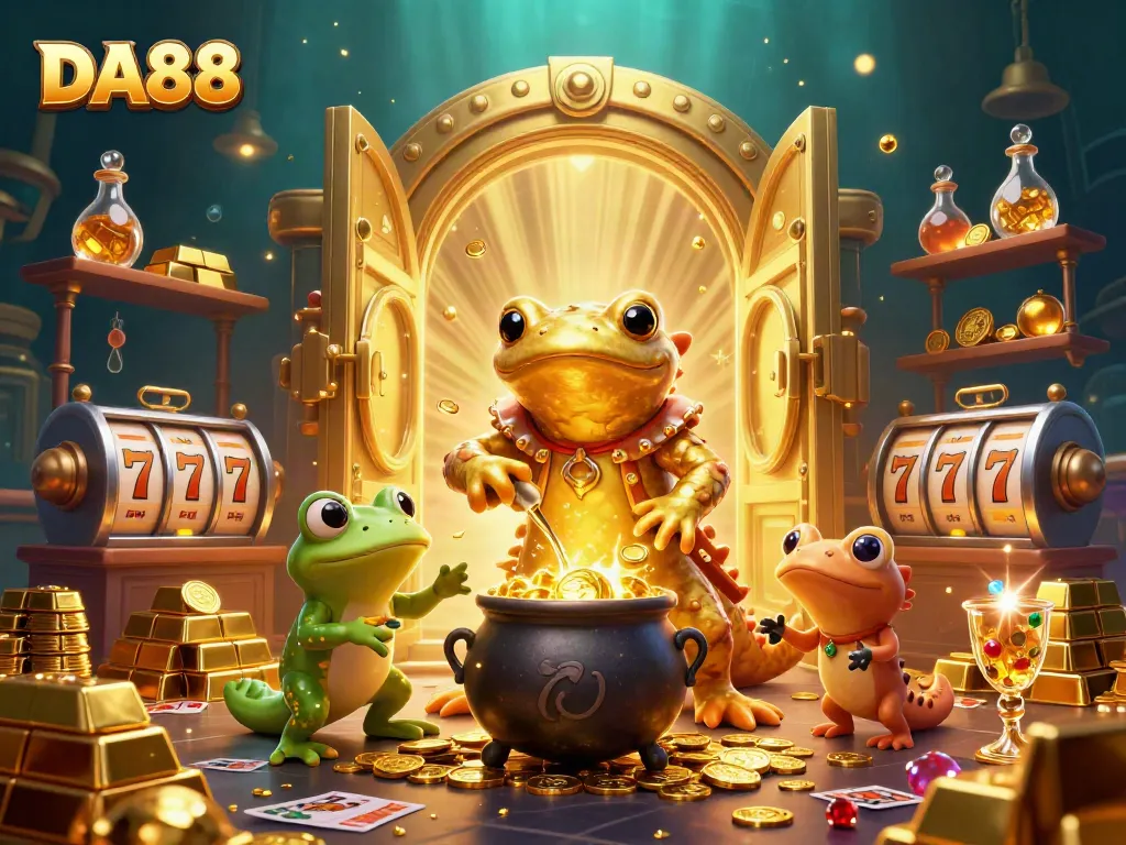 Experience gaming magic in DA88 with a golden alchemist and cheerful characters in a vibrant casino.