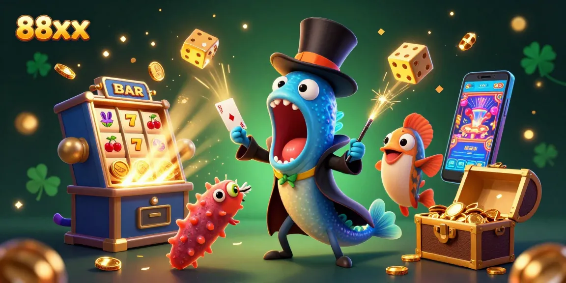Experience thrilling 88xx gaming with vibrant slot machines and characters in an underwater casino.