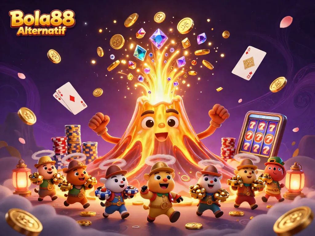 Bola88 Alternatif: Triumph as a golden volcano erupts coins, with fleeing explorers in a vibrant casino scene.