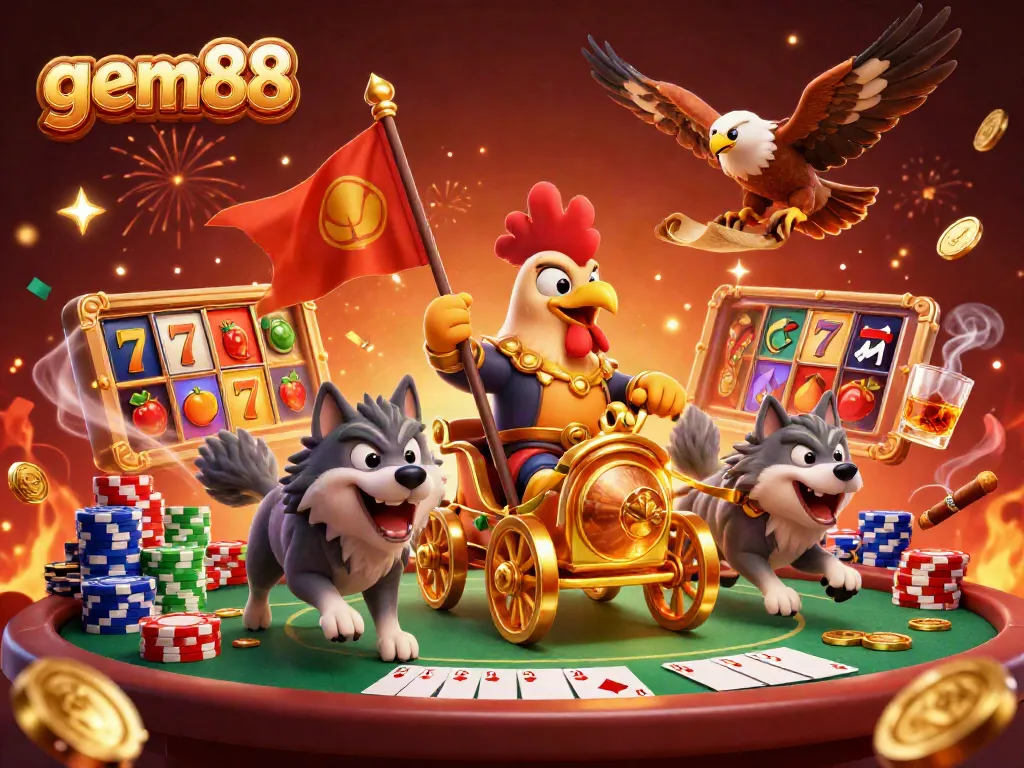 Gem88 offers a vibrant casino experience with colorful slots, chip towers, and dynamic game elements.