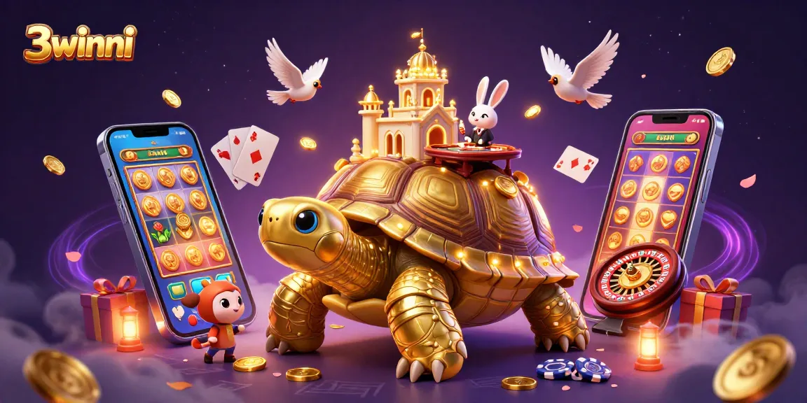 Engage in exciting gambling adventures with 3winni featuring golden tortoise and vibrant casino elements.