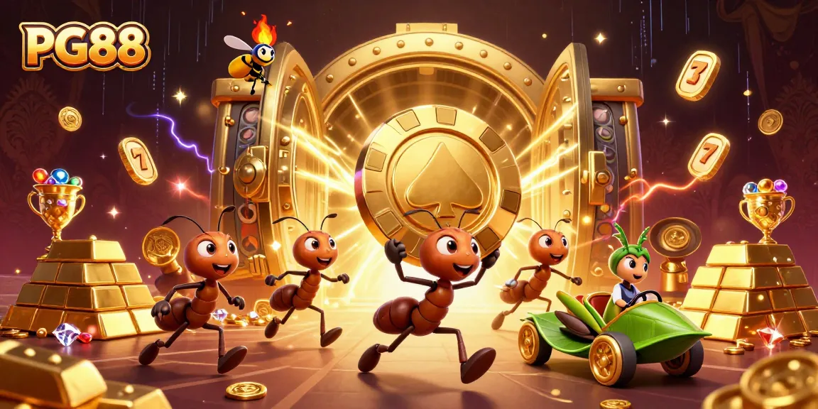 Join the excitement at PG88 while ants embark on a heist through a golden tunnel, garnished with jackpot symbols.