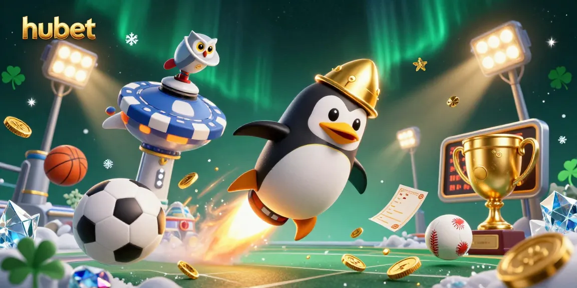 Experience the excitement at hubet with a golden penguin racing to a casino station amid flying sports elements and shimmering prizes.