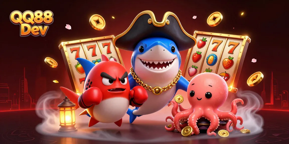 Join the fun at QQ88 Dev with an exciting pirate-themed 3D casino scene featuring sharks and treasures!