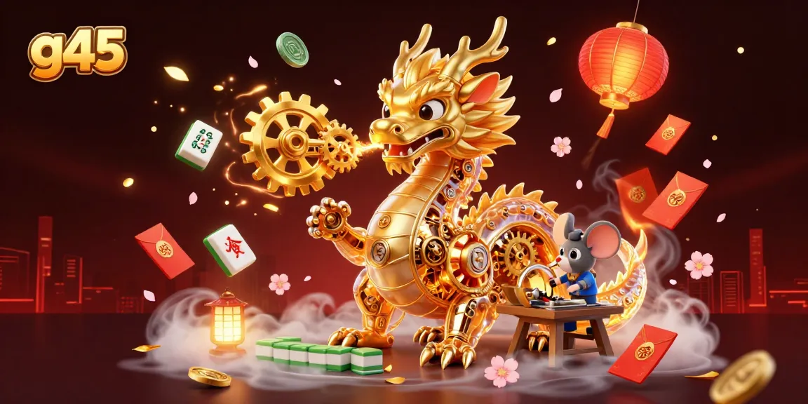 Immerse in the g45 thrill of a golden dragon breathing gears amidst vibrant casino elements.