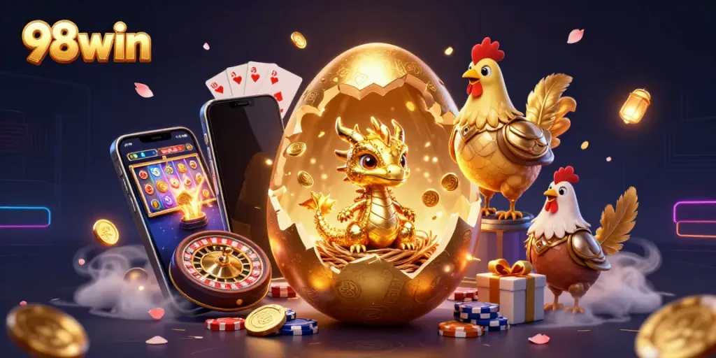 Experience thrilling gaming at 98win with a rich 3D illustration of a golden dragon amidst casino elements.