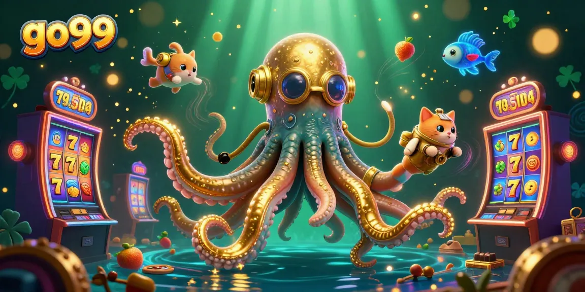 Experience go99's thrilling slots with a kraken and diving cat in an enchanting digital casino.