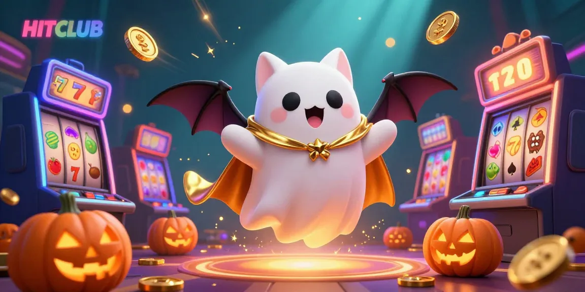 Engage with HITCLUB's exciting casino atmosphere featuring a friendly ghost cat and vibrant gaming elements.