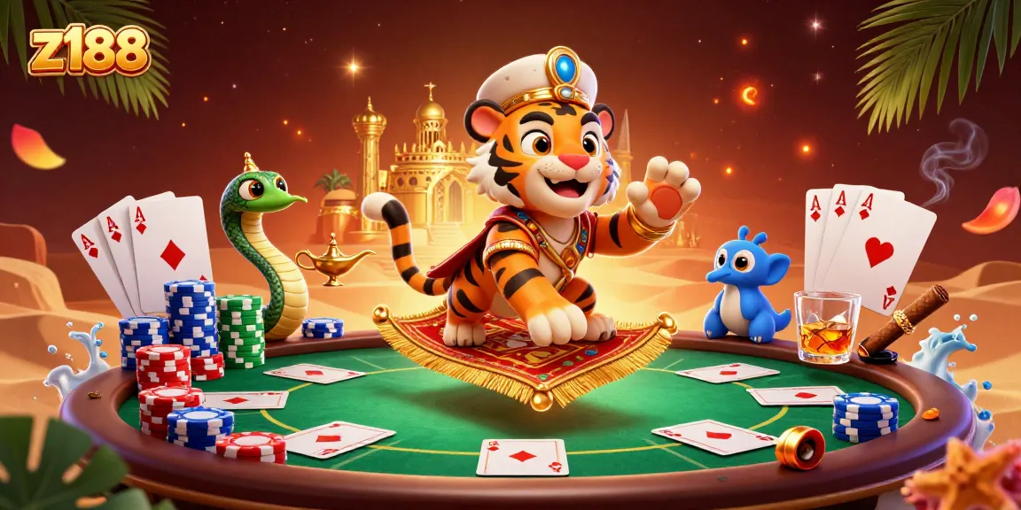 Experience thrilling games at z188, featuring vibrant casino elements like poker chips and a tiger sultan.