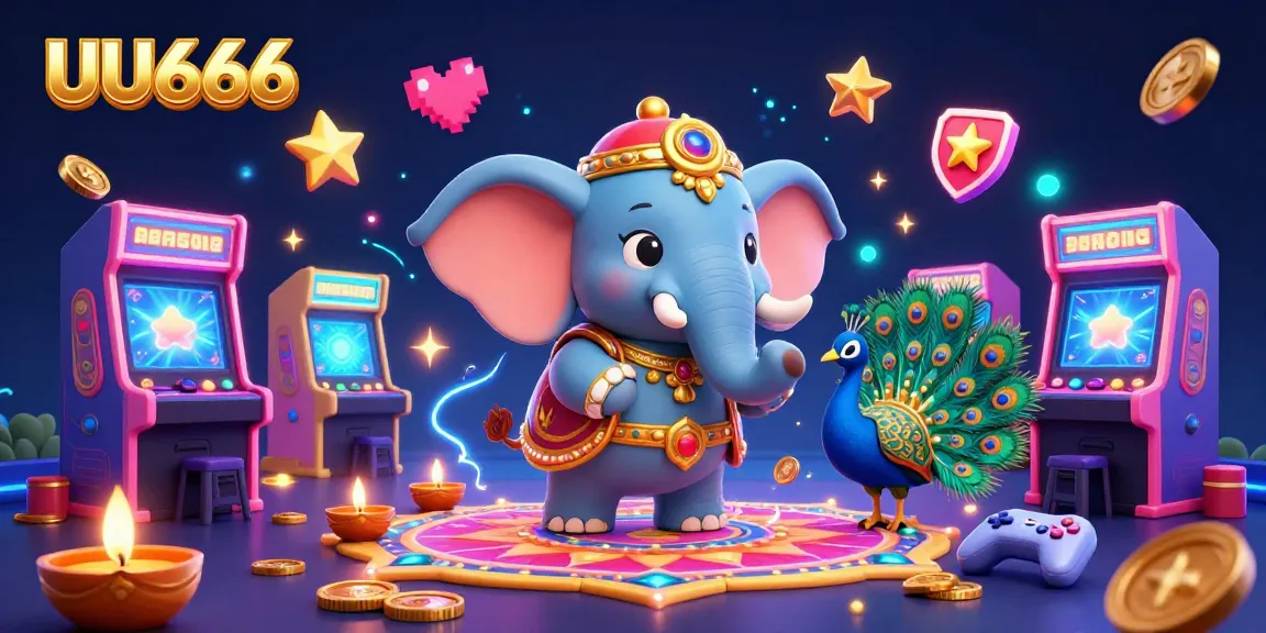 Engage in thrilling gameplay at UU666 with a vibrant 3D illustration showcasing an elephant, peacock, and gaming elements in a casino.