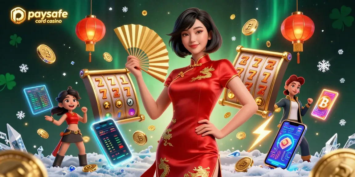 Beteiligen Sie sich an aufregenden Spielen in einem Paysafe Card Casino mit glamourösem Gameplay, das eine stylische asiatische Frau umgeben von Wohlstandssymbolen zeigt.