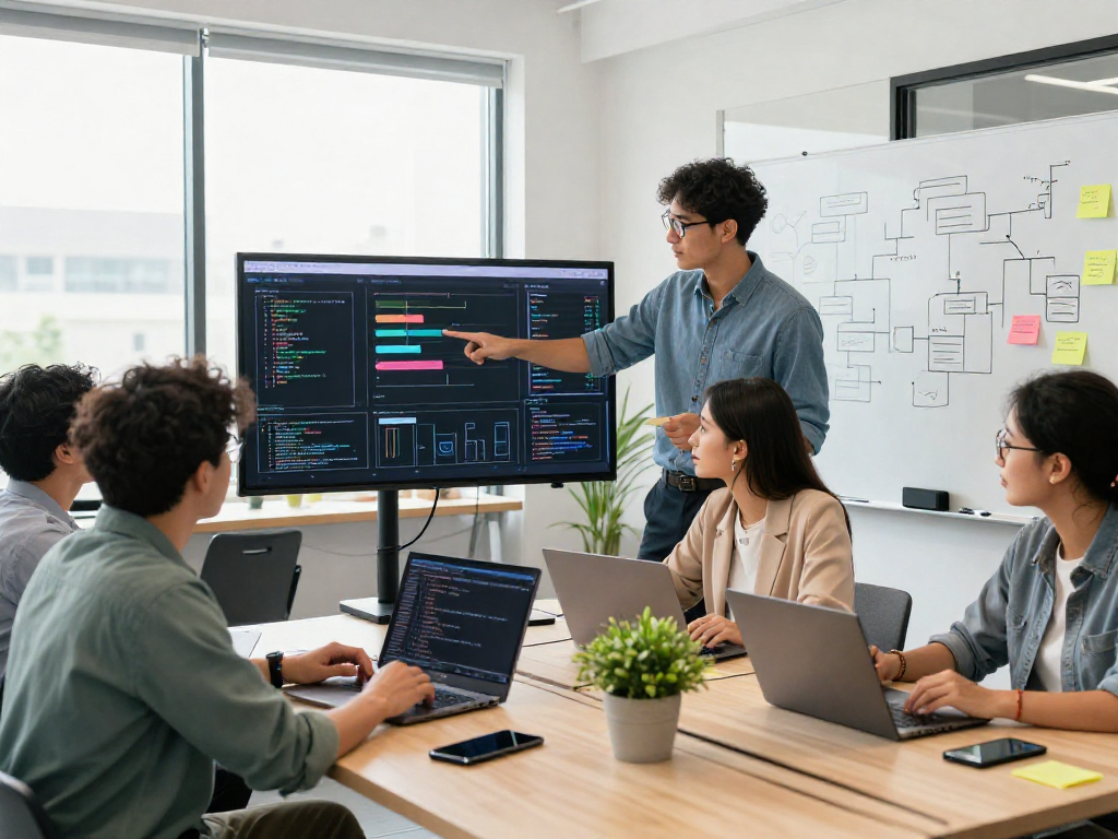 DEWI111 code collaboration scene with developers brainstorming in a bright office, showcasing teamwork and innovation.