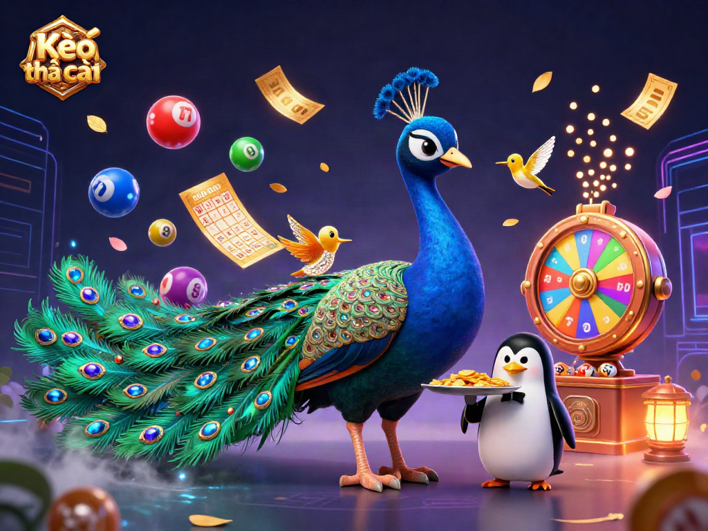 Kèo nhà cái showcases a vibrant scene with a peacock, penguin, and hummingbird amid lively gambling elements.