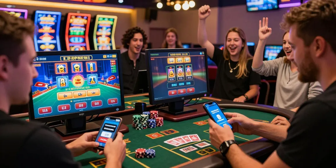 Paysafe Card Casino-Spieler genießen Spiele mit mobilen Einzahlungen, lebhafte Atmosphäre.