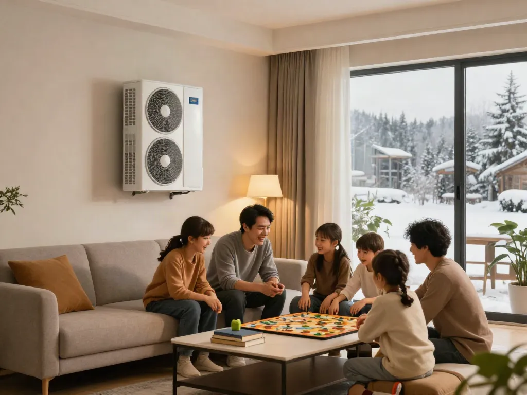 Wärmepumpen in modernem Wohnzimmer, Familie genießt warme Atmosphäre bei Brettspiel.