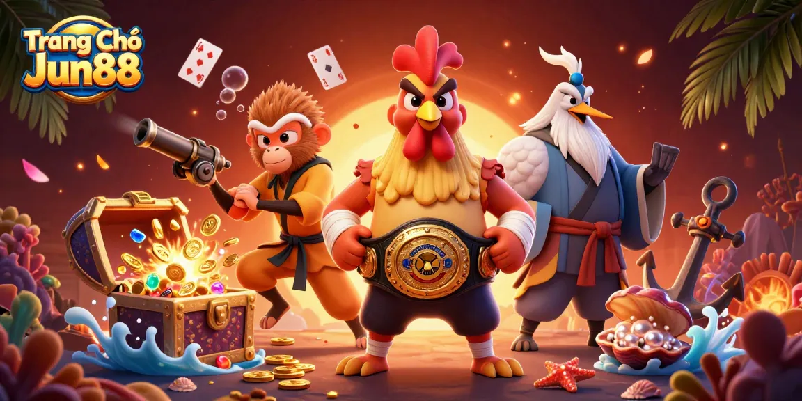 Experience the thrilling spirit of gaming with Trang Chủ Jun88 showcasing the Muay Thai rooster and Shaolin monkey!