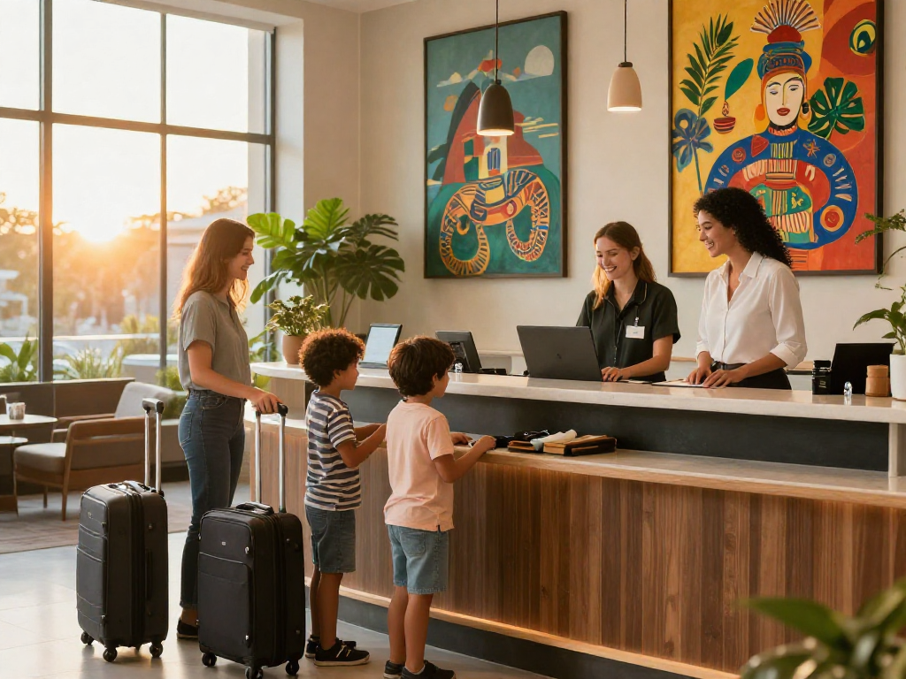 A family enjoying a warm welcome at the rokok88 Carter Hotel reception, emphasizing hospitality and modern design.