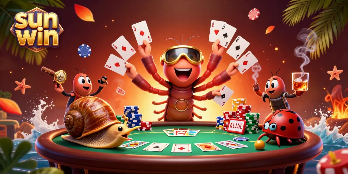 Experience the thrill of sun win with our vibrant casino scene featuring a unique cartoon dealer and high-stakes poker action.