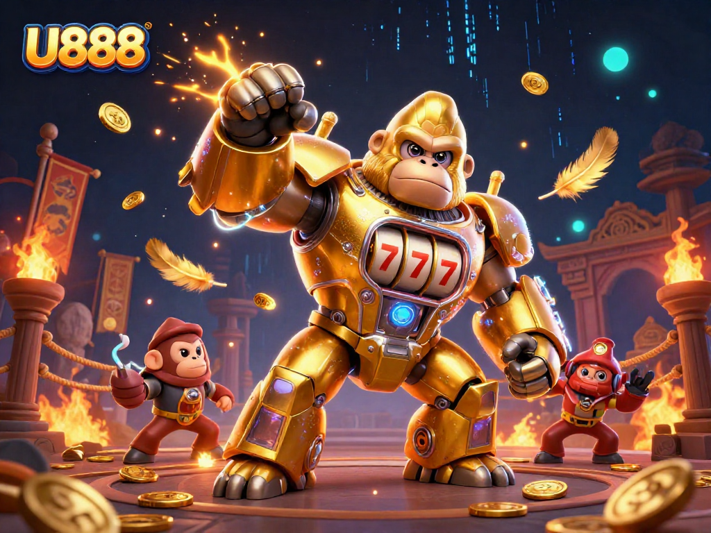 Bet on U888 in an exciting 3D digital representation of a golden gorilla mech, symbolizing casino thrills.