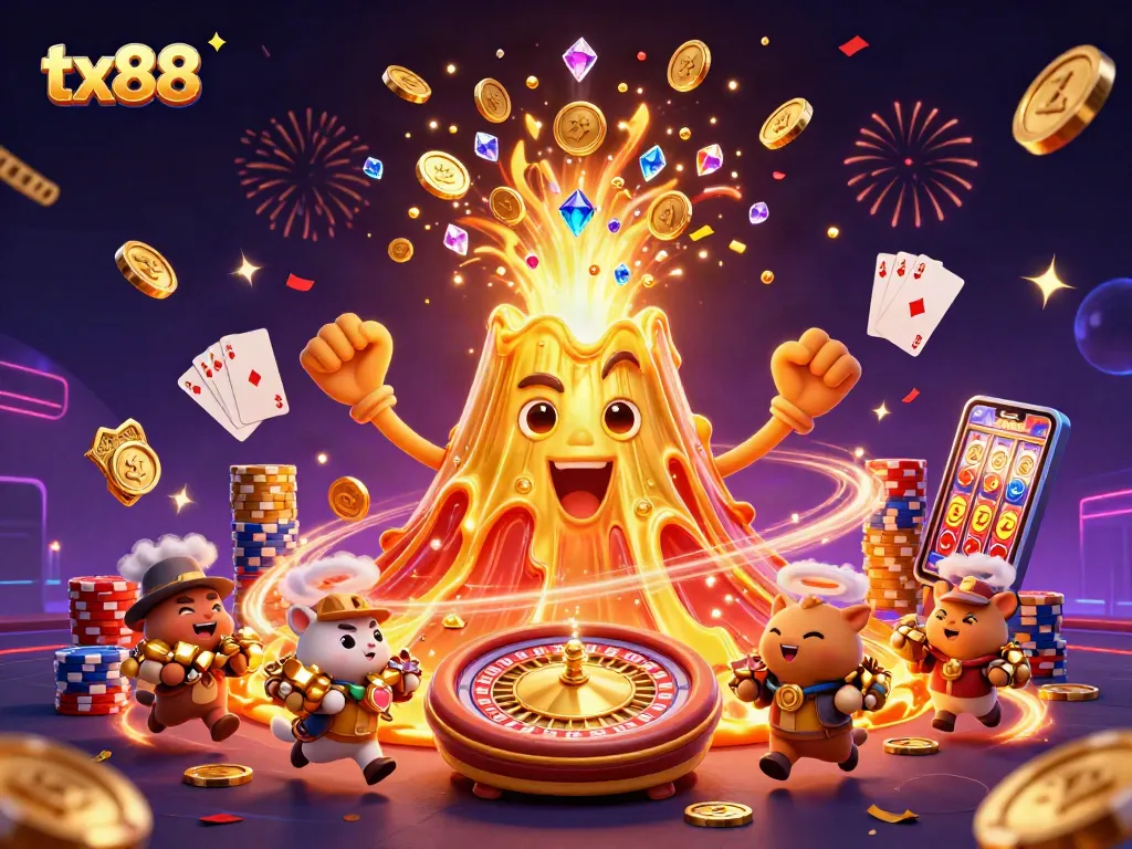 Experience tx88's thrilling casino adventure with treasures erupting from a golden volcano!