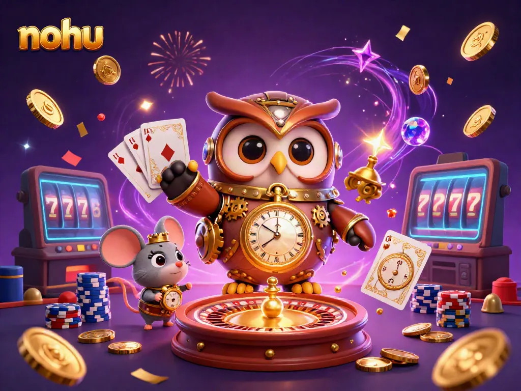 Experience the excitement of nohu casino with a time-traveling owl and ornate gaming scenes in vibrant detail.
