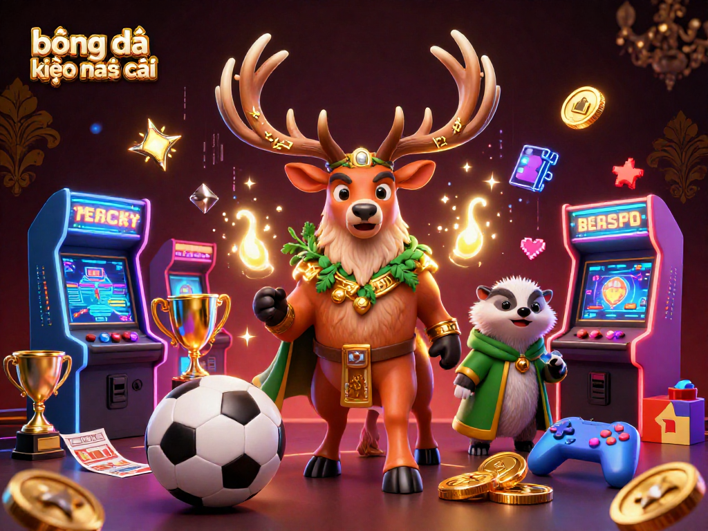 Bóng đá kèo nhà cái highlights dynamic sports betting scene with mythical creatures and casino elements.