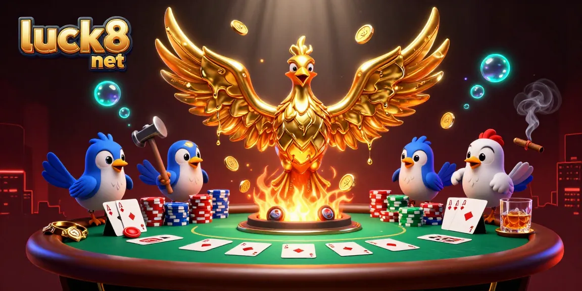 Experience winning moments at luck8 net with a golden phoenix, poker chips, and vibrant casino elements.