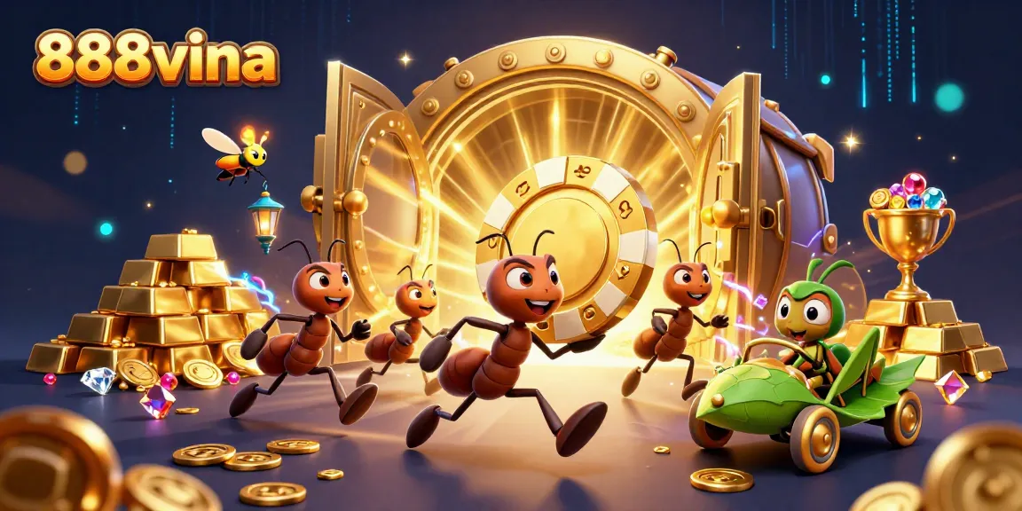 Experience thrilling heists with 888vina's giant poker chip and crew in this dynamic 3D scene.