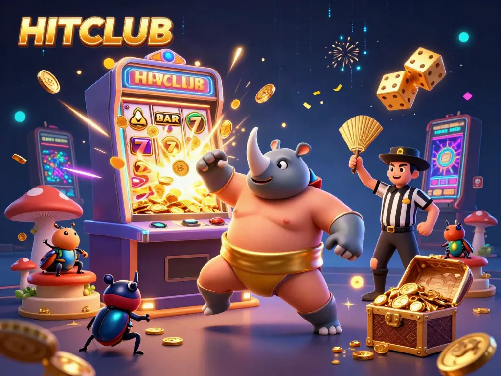 Experience HITCLUB with a dynamic scene of a rhinoceros beetle sumo champion amidst a jackpot explosion and vibrant casino elements.