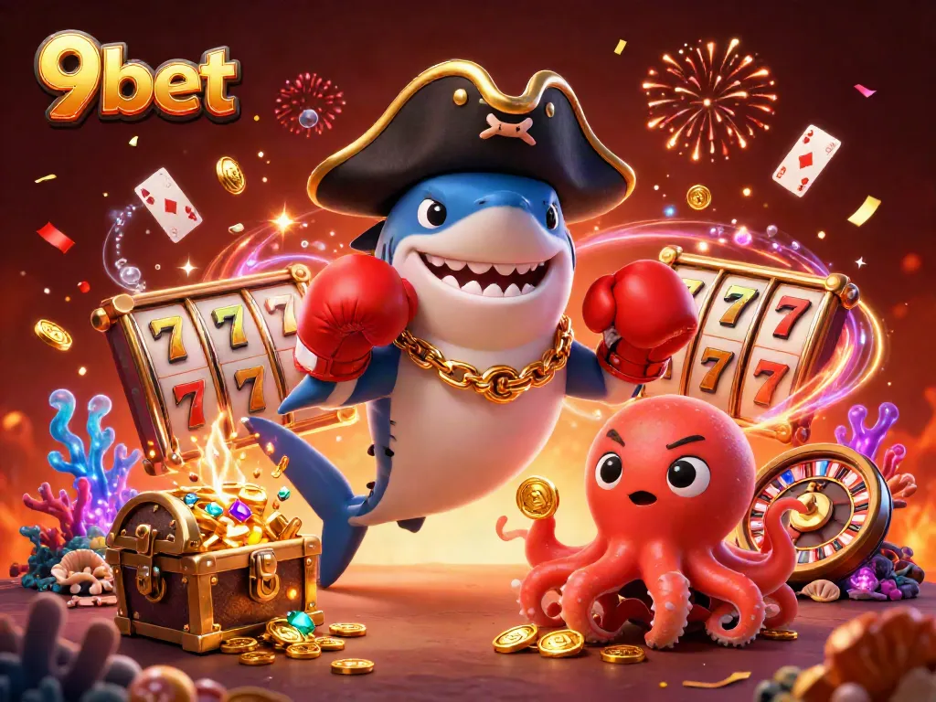 Experience the excitement of 9bet with a dynamic underwater casino scene featuring sharks and treasure.