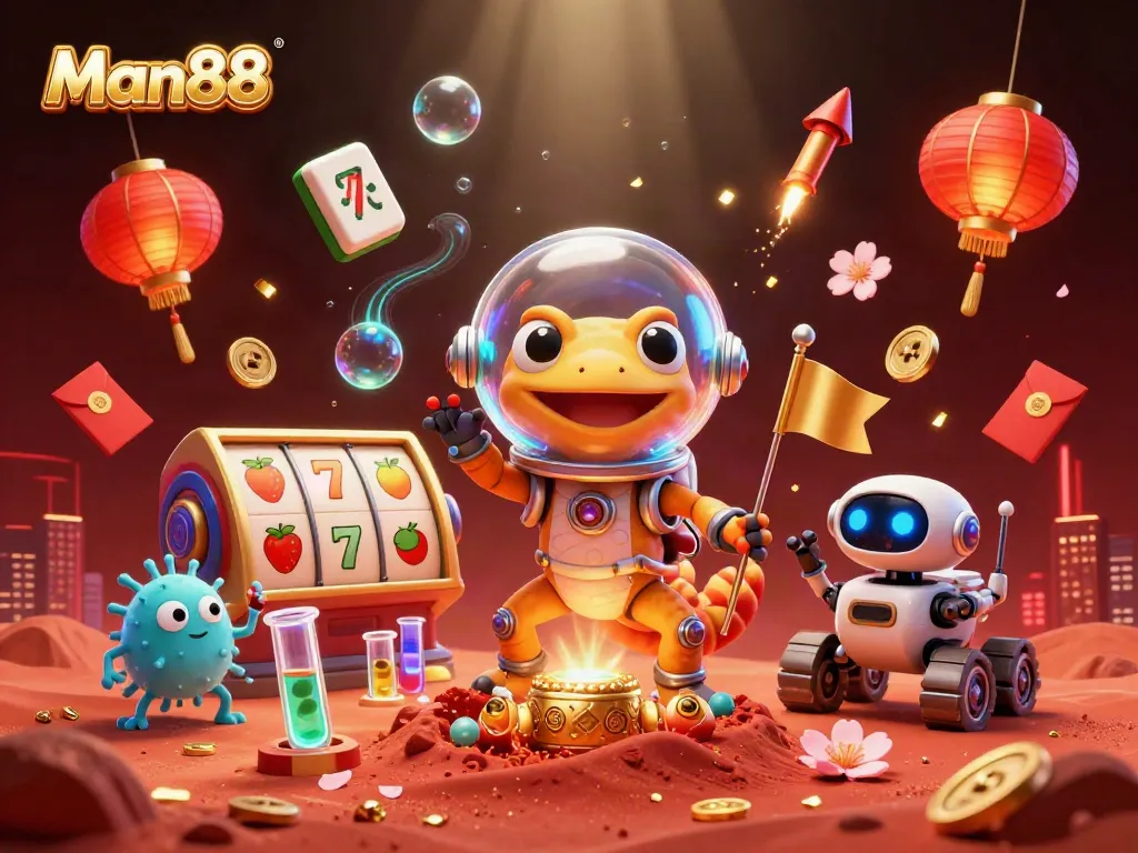 Experience exciting wins at Man88 with a vibrant 3D casino scene featuring a playful Martian gecko.
