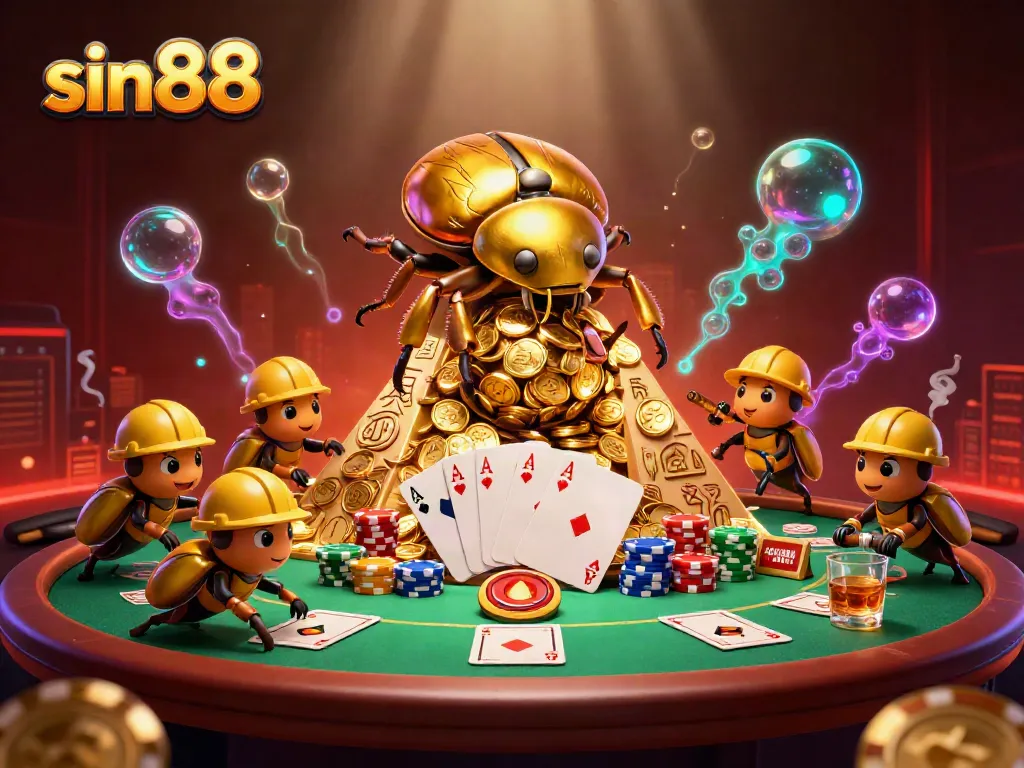 Experience thrilling gameplay at sin88 with vibrant 3D casino-themed illustration of golden beetles.