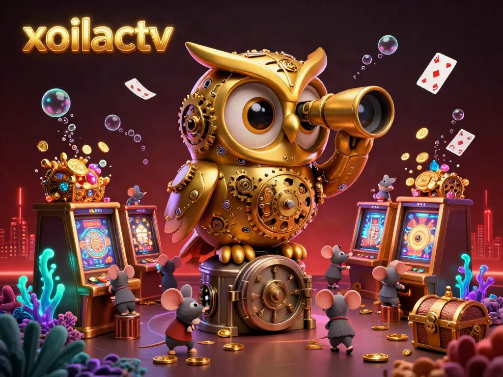 Xoilactv enhances gaming experiences with a golden owl overseeing a dynamic casino floor.