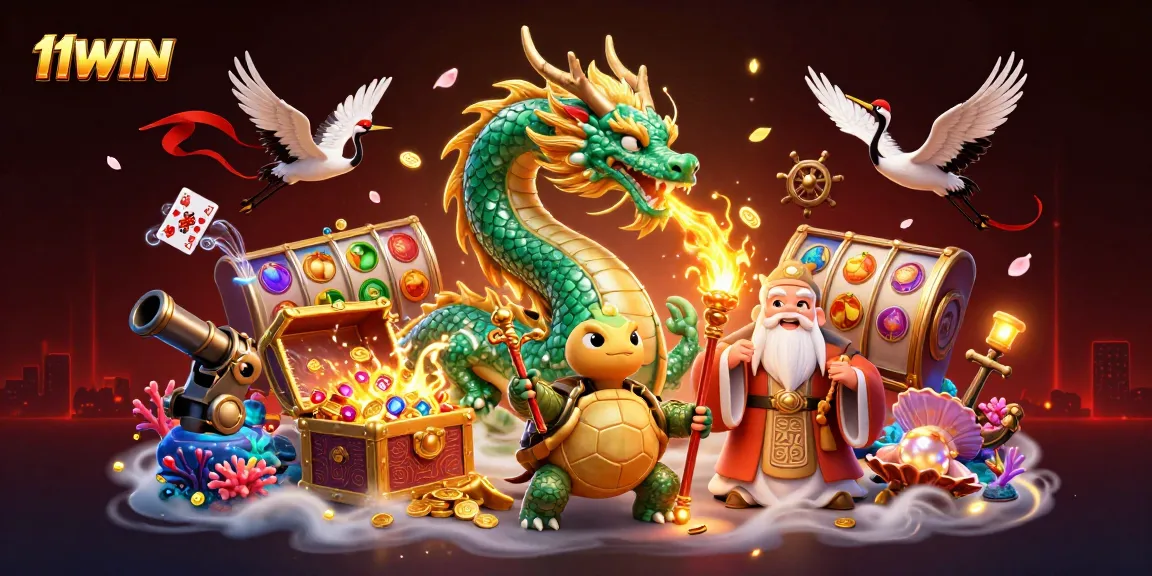 Experience the excitement of 11WIN with a vibrant depiction of a dragon, turtle sage, and lucky cranes in a dynamic casino scene.