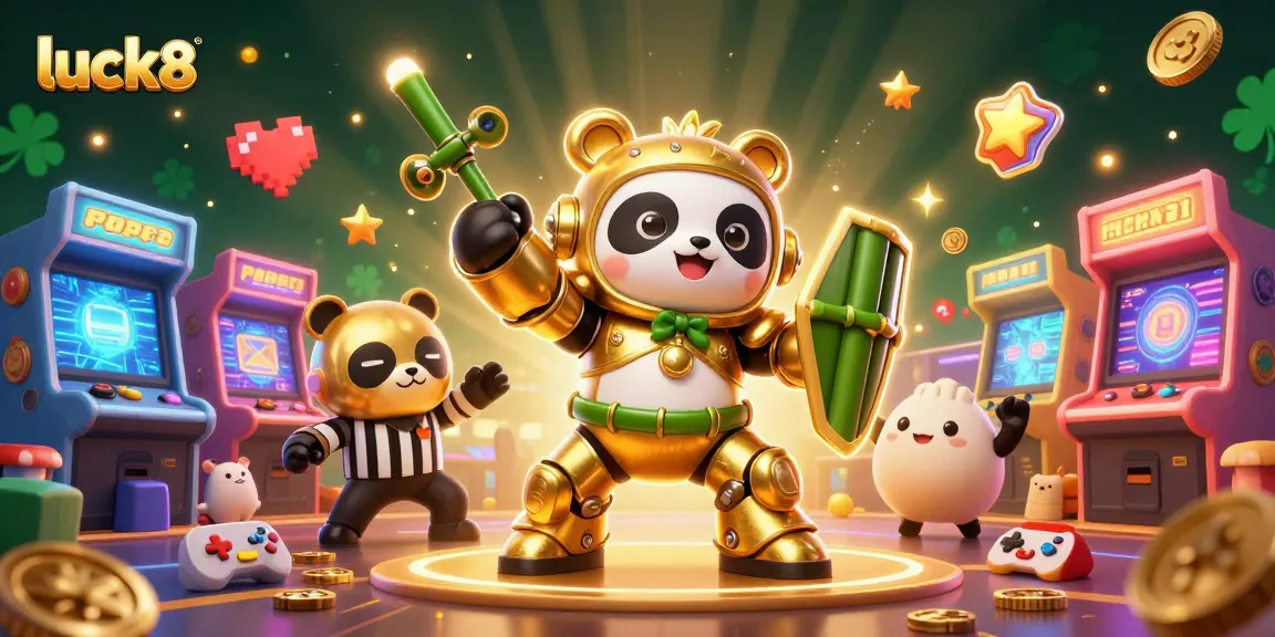 Engage in thrilling gaming at luck8, featuring a 3D mech panda in a lively casino arena.