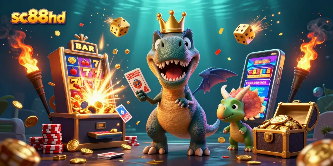 Engage with sc88hd in this vibrant 3D illustration of casino-themed characters and slot machines.