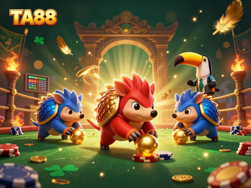 Experience the thrill of TA88 with rival pangolins rolling into golden balls and chips in a vibrant casino scene.