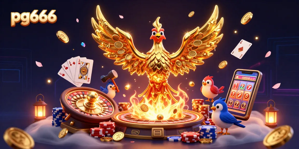 Win big with pg666, featuring a molten metal phoenix in a dynamic casino scene packed with action, coins, and games.