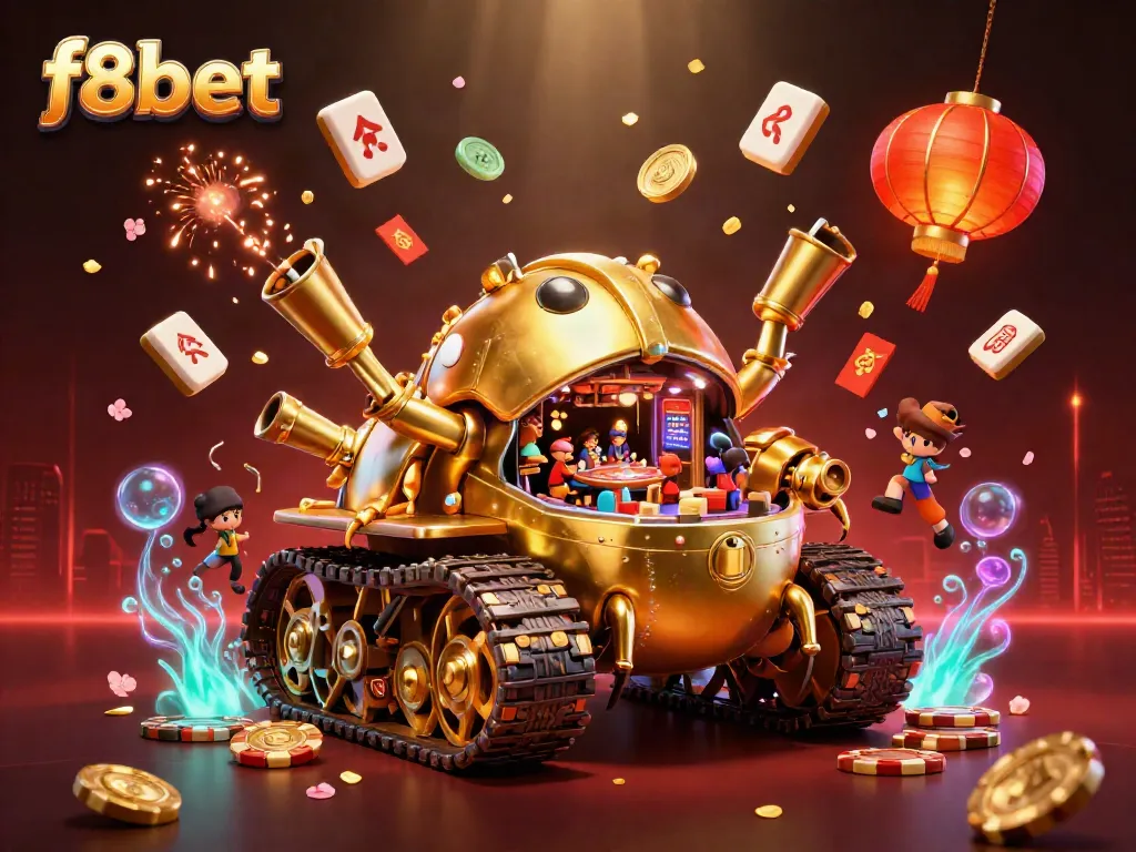Experience thrilling gaming action at f8bet with a 3D illustration of a unique golden beetle casino tank.
